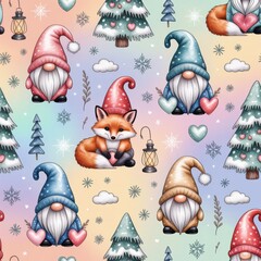 Seamless holiday pattern with lanterns with glowing light, scattered snowflakes, and hand-drawn festive layout, perfect for lifestyle scenes and seasonal product presentation.