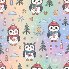 Seamless festive pattern featuring snow-covered pine trees, pink and blue candles, and light pastel backdrop, ideal for wrapping paper, textiles, and editorial holiday visuals.