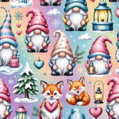 Seamless festive pattern featuring snow-covered evergreen trees, heart-shaped ornaments, and light pastel backdrop, ideal for wrapping paper, textiles, and editorial holiday visuals.