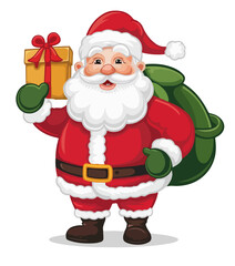 Smiling cartoon Santa Claus holding a gift box and a large green sack of toys.