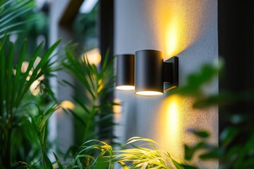 Outdoor Wall Lights Illuminate Lush Tropical Garden.