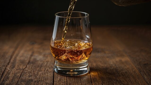 A glass of whiskey on a wooden surface being poured.