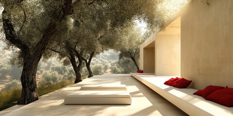 Serene outdoor living space with olive trees and comfortable seating.