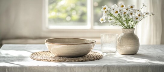 Serene Still Life - Bowl, Flowers, and Light on Linen Tablecloth.