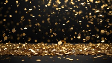 Golden Confetti Falling on Black Background