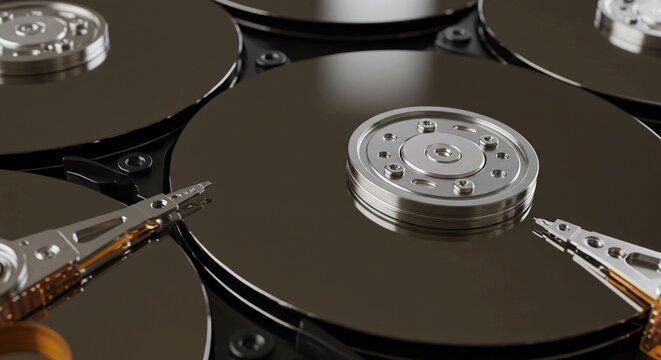 Detailed view of hard drive platters and read/write heads showcasing data storage and technology, perfect for tech and business content - Powered by Adobe