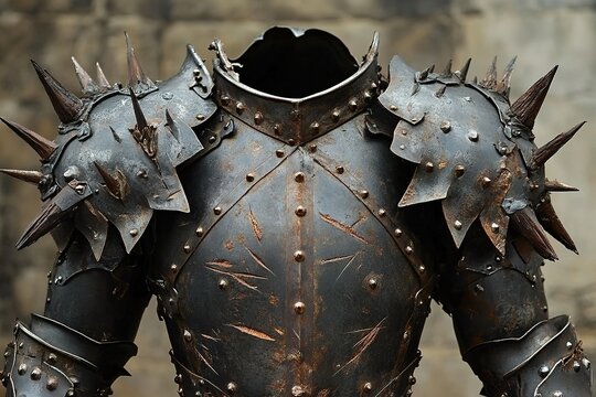 medieval armor with spiked pauldrons and battle damage