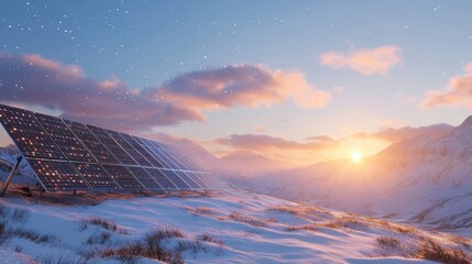 Solar Panels in a Snowy Mountain Landscape at Sunset.