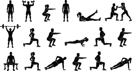 Fitness workout silhouettes vector set of men and women exercising in gym doing squats lunges and weightlifting
