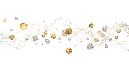 Golden and silver geometric shapes floating, isolated on transparent background