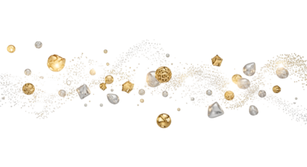 Golden and silver geometric shapes floating, isolated on transparent background