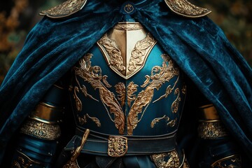 ornate medieval armor with gold trims and velvet blue cape