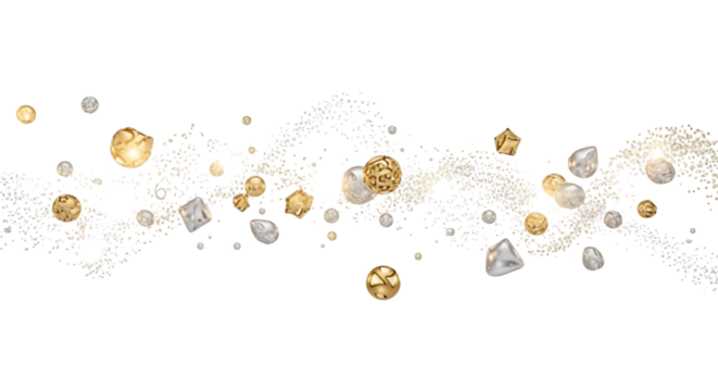 Golden and silver geometric shapes floating, isolated on transparent background - Powered by Adobe