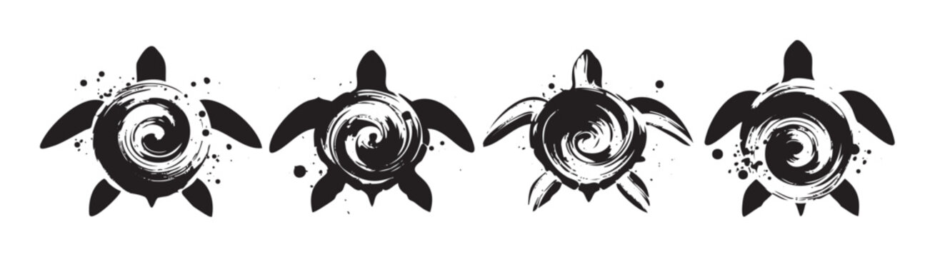 Four stylized black sea turtles with artistic brushstroke shells and ink splatters create a unique and decorative marine life illustration.