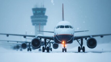 Snowstorm for travel warning, Snowy airport scene featuring an airplane preparing for takeoff, with control tower in the background, highlighting winter travel conditions.