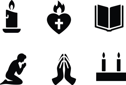 Religious pray icon set with candle sacred heart cross bible kneeling man praying hands candles isolated transparent background