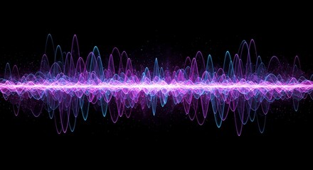 Dynamic purple and blue audio waveform pulsating against black background, perfect for music, technology, and data visualizations