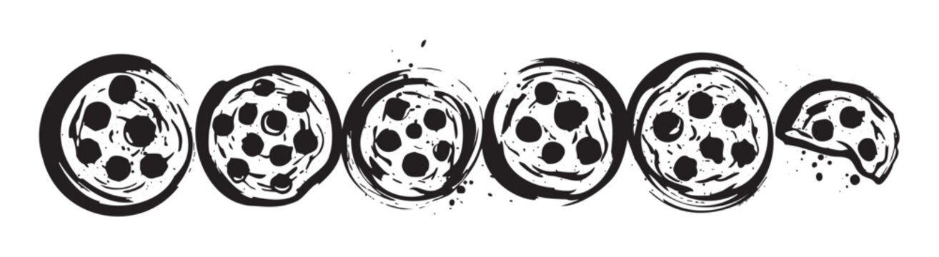 Six delicious pizzas with various toppings are depicted in a stylized black and white brush stroke illustration, creating a dynamic and artistic food design.