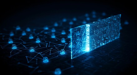 Cybersecurity concept: Protecting data with a digital firewall, secure network, and glowing padlock icons in modern design