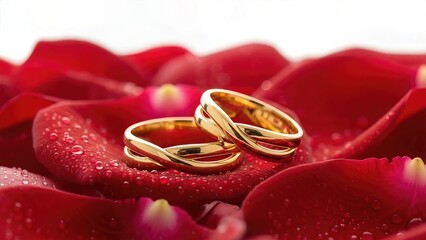 Intertwined Gold Wedding Rings on Red Rose Petals with Dew Drops