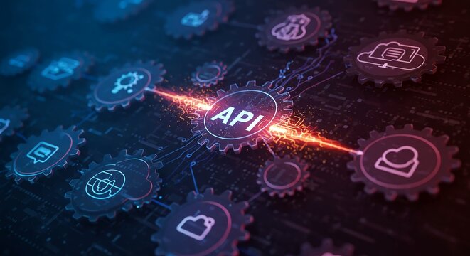 Dynamic API integration concept with interconnected gears illustrating digital transformation, data security, and cloud computing for modern business solutions - Powered by Adobe
