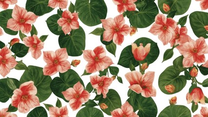 Fototapeta premium Bright pink hibiscus flowers with green leaves pattern.