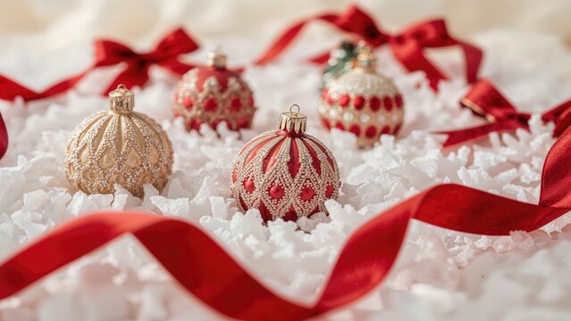 1935 decorated Christmas ornaments with red ribbons on snow-like surface. Holiday and festive season. Christmas decoration and ornaments. The concept of Christmas celebration and decor