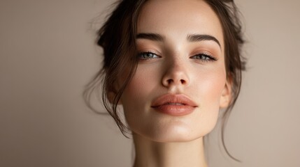 Naklejka premium Ethereal Radiance: A captivating portrait captures the gentle essence of beauty and serenity. The soft focus enhances her natural features, creating a serene and introspective mood.