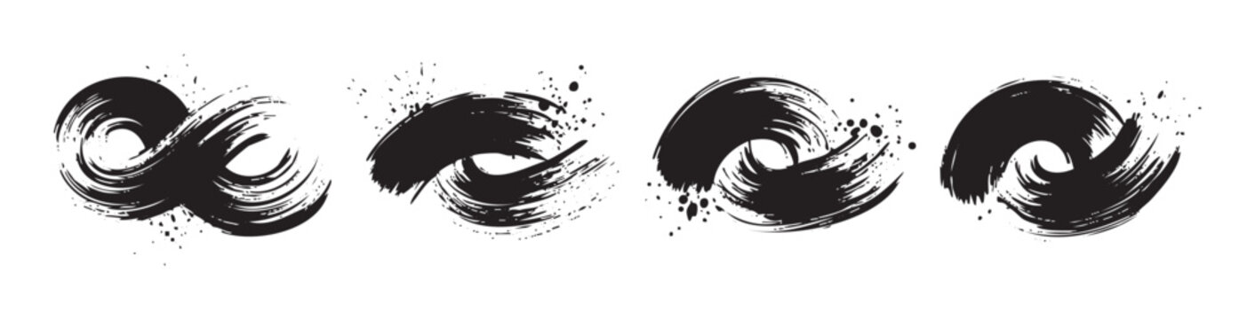 Four abstract black ink brush strokes create dynamic, textured swirl designs with scattered splatters, perfect for various graphic design elements.