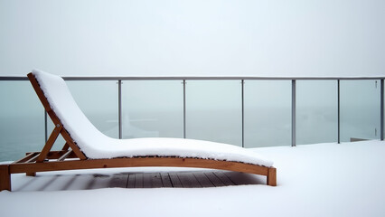Bright Snow on deck chair on snowy terrace with soft overcast winter daylight