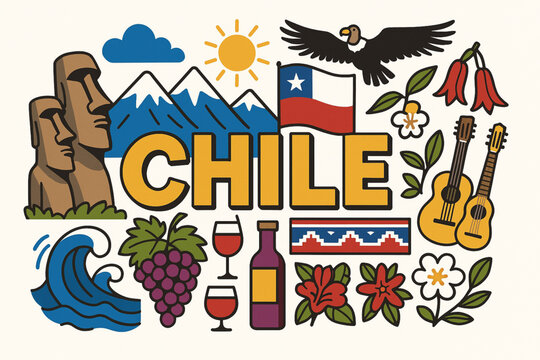Chile Cultural Icons Vector Illustration with Landmarks, Nature and Traditional Elements