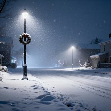 A quiet, snowy street at night is illuminated by lamplight, with a festive wreath and holiday decorations creating a peaceful winter scene.