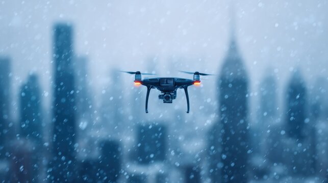 Snowstorm for travel warning, A drone flies through falling snow with a city skyline in the background, creating a serene winter scene.