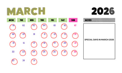 PNG image of March 2026 calendar template with circled dates and notes section for special day planning on transparent background