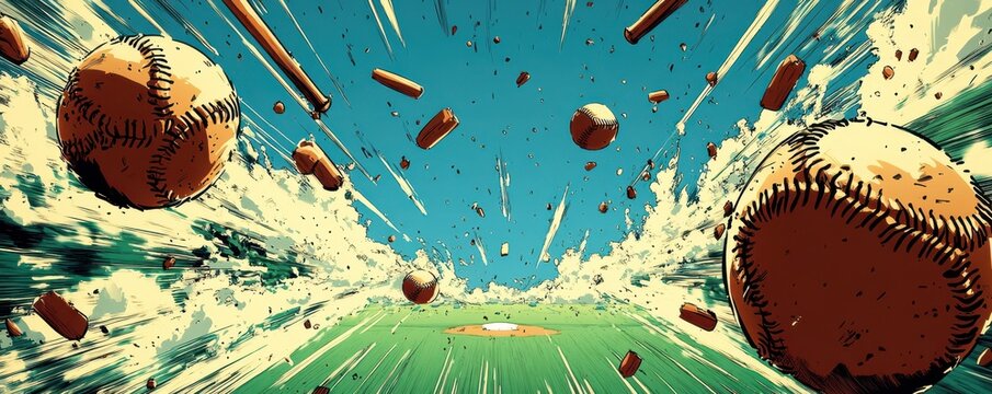 Dynamic baseball-themed comic book style background showcasing high-speed action on a vibrant baseball field with flying balls and dramatic impact