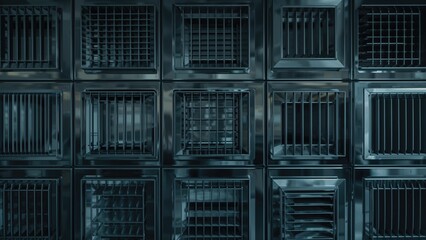 A row of empty metal cages or crates arranged in a grid pattern, with a dark and industrial appearance.