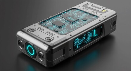 Obraz premium Futuristic digital device with glowing blue circuit board and advanced technology components, perfect for science fiction concepts and innovative tech presentations.