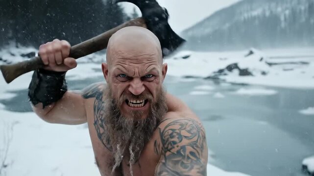 A fierce ancient Viking warrior man roars defiantly, raising a sharp battle axe with his powerful tattooed arm in a harsh winter blizzard