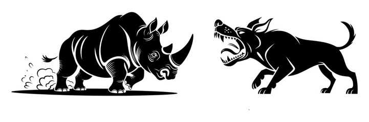 Obraz premium A black and white graphic illustration depicting a charging rhinoceros facing off against a snarling wild dog