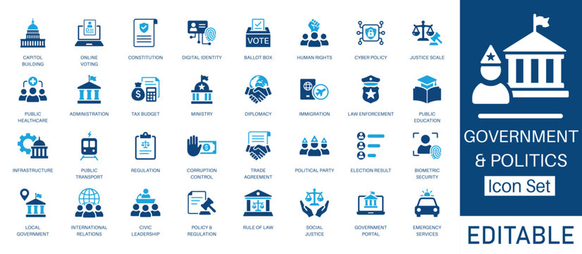 Government and Politics solid icon set. Featuring Election Vote, Law and Justice, Capitol Building, and Digital Identity. Solid vector icons for political campaigns, democracy, and legal services.