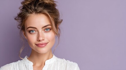Fototapeta premium Elegant Beauty's Gaze: A captivating portrait of a woman, radiating a gentle smile and serene confidence against a soft background. This image shows the beauty of life.