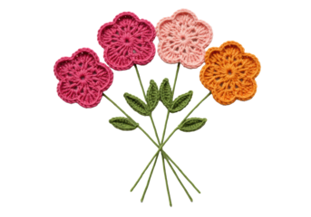 four highly detailed handmade knitted yarn flowers in vibrant pink and orange hues with visible stitching on a high-key white studio background, showcasing the intricacy of craft hobby