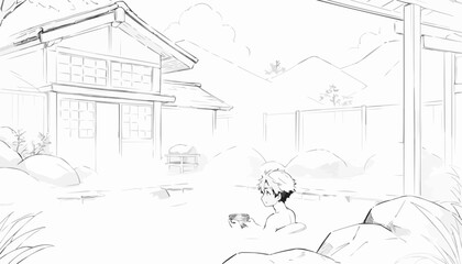 Obraz premium Relaxing in a natural outdoor onsen under the open sky in an anime style 