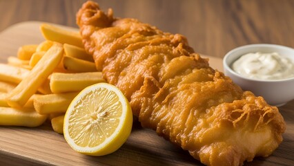 Ultra-detailed best-selling fried fish with chips, crispy golden fillet, rustic wooden serving board, appetizing macro shot, photorealistic gourmet pub meal, 8K food photography