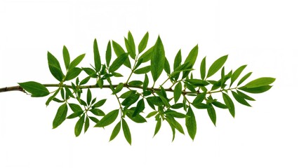 Fototapeta premium A plant branch with green leaves laid out flat on a white background.