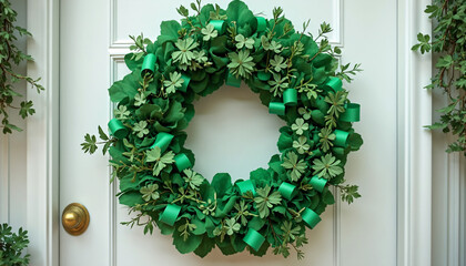 Green Wreath with Clover and Ribbon on White Door