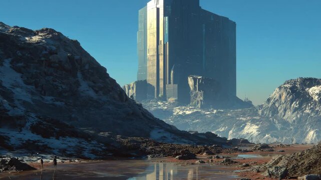Ultra HD Futuristic monolithic skyscraper structure in a desolate, rocky, and snowy alien landscape under a clear blue sky, digital art video