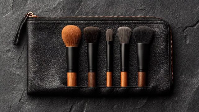 Ultra HD Set of five professional makeup brushes with black handles and wooden accents stored in a black leather cosmetic pouch on a dark slate background video
