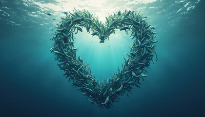 Heart-shaped school of fish underwater