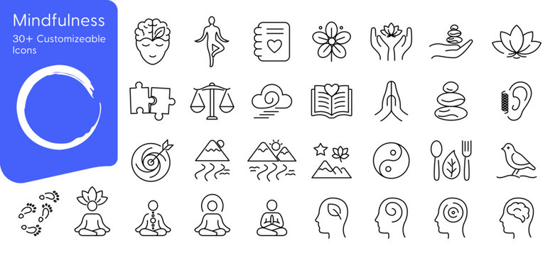 mindfulness icon set showing minimalist vector line art icons sheet for ui design, webpage, website, with blackline art strokes on transparent background